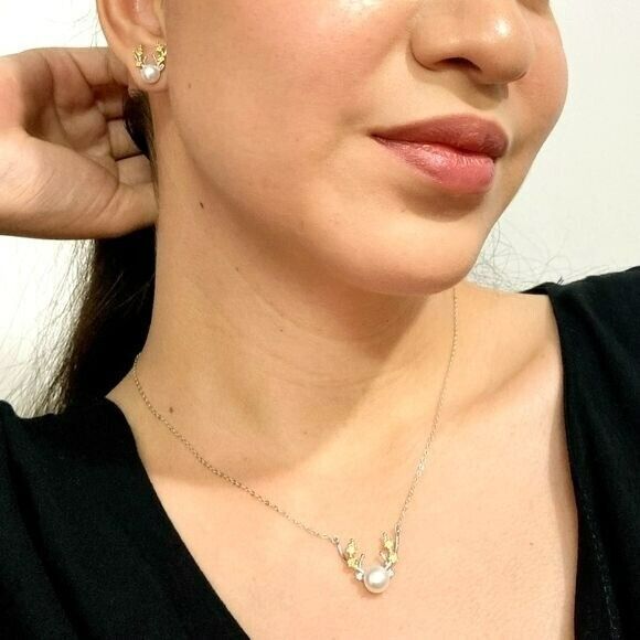 925s Freshwater Pearl Necklace Ring And Earrings Jewelry Set Deer Pattern New